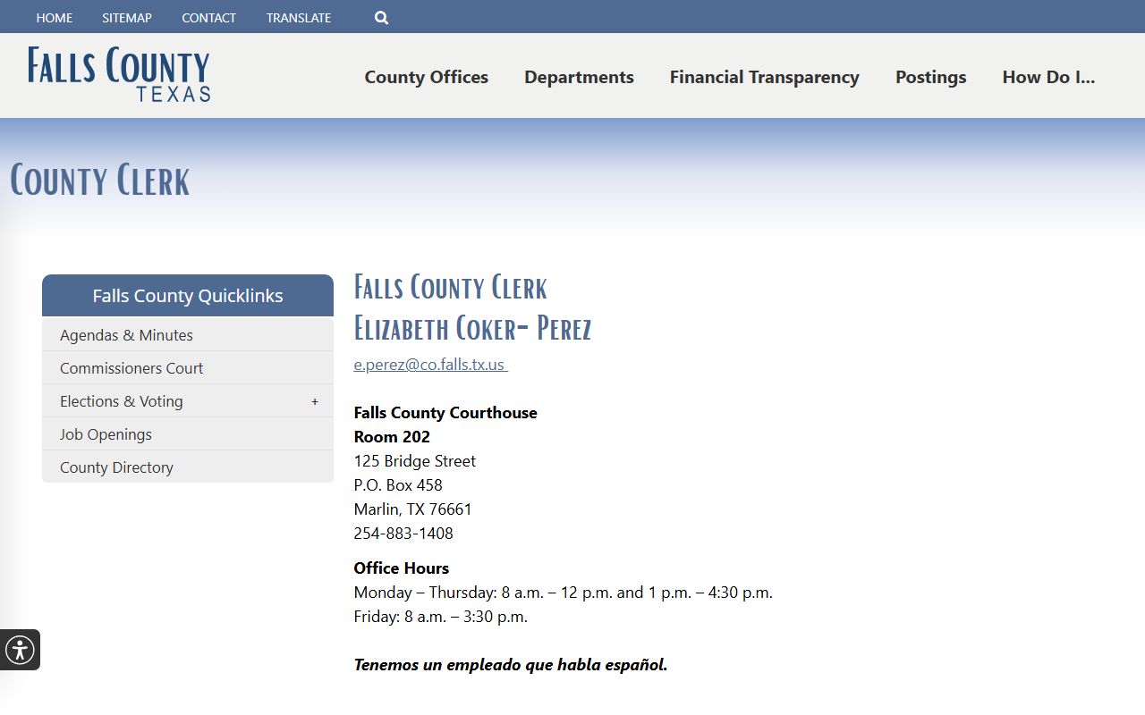 Falls County inmate records County Clerk public information request page