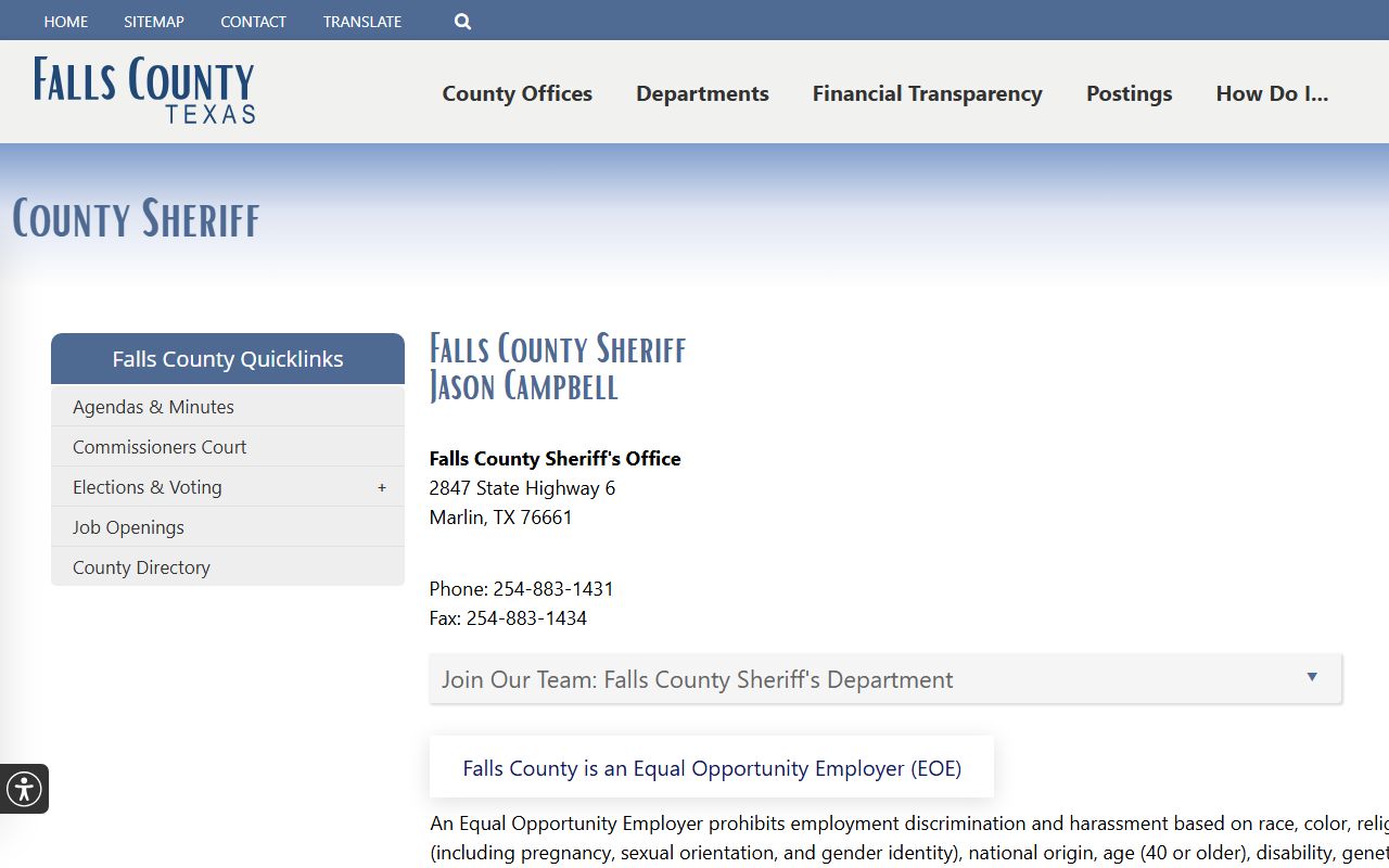 Falls County inmate records sheriff page