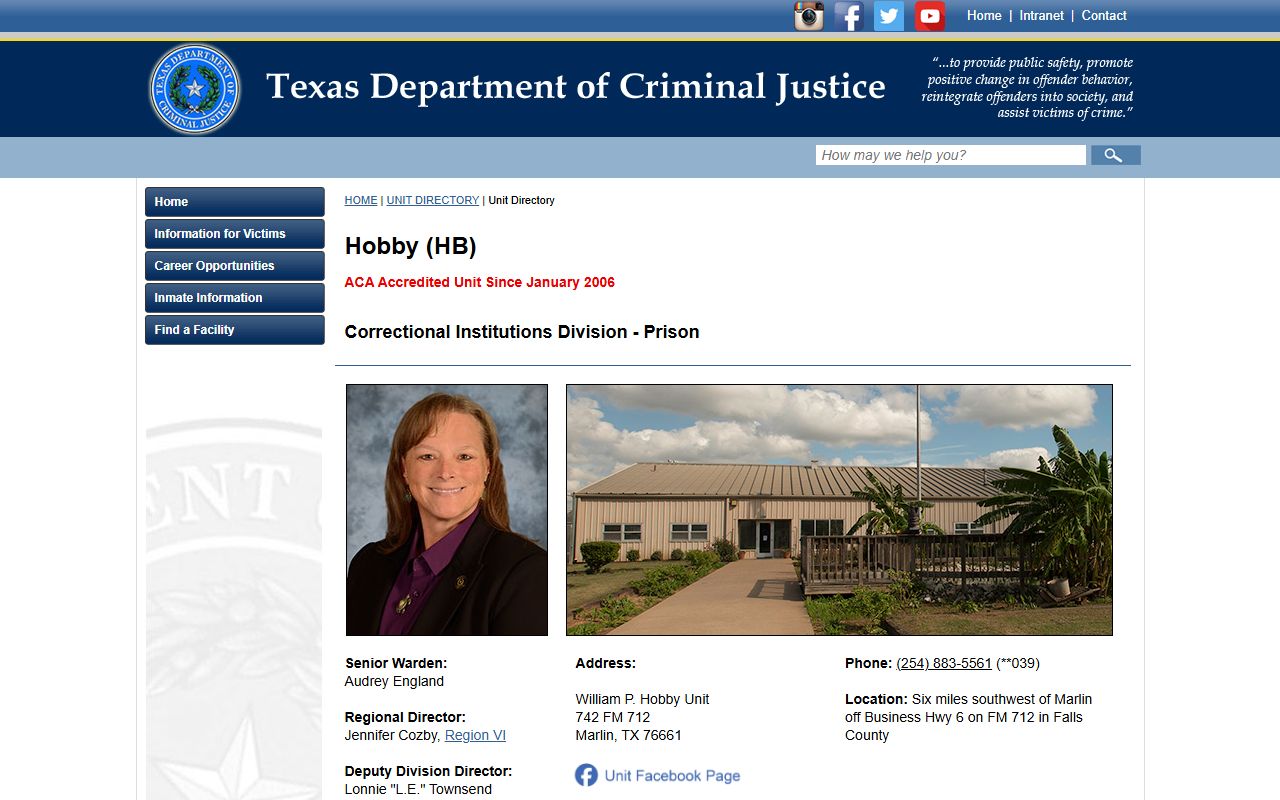 William P. Hobby Unit inmate lookup TDCJ page