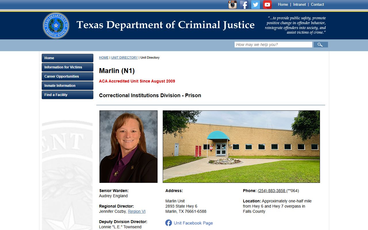 Marlin Unit inmate lookup TDCJ page